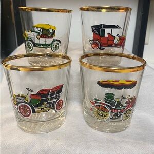 VTG Whiskey Bar Glasses Austin Daimler Morris Ford Cars Gold Rim Crystal Bottom
